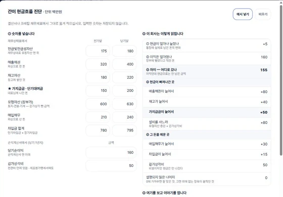 간이 현금흐름 진단 실제 실행 화면